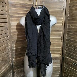 Curations Elegant Black Crinkled Scarf Fringe Edges Viscose Draped Soft Flowy